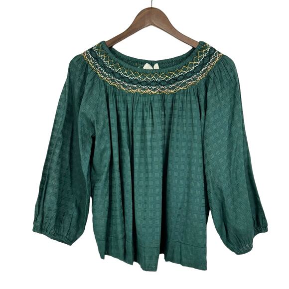 The Great NWT Sea Glass Top Palm Leaf Green Smocked Billowy Checked Cotton Top - Picture 7 of 16